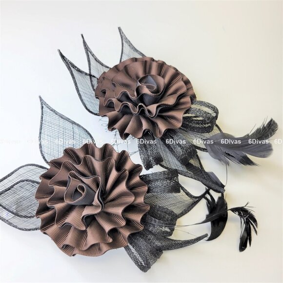 Dark Brown and Black Floral Rosette Fascinator Headpiece and Brooch - Picture 3 of 11